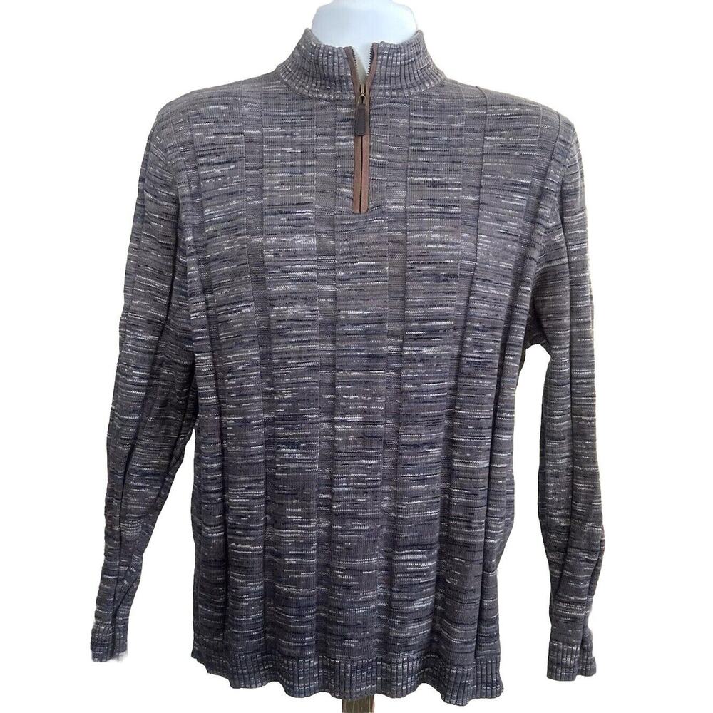 Lenor Romano- 1/4 Suede Rimmed Zipper Merino Wool Blend Sweater Size Large- Gray